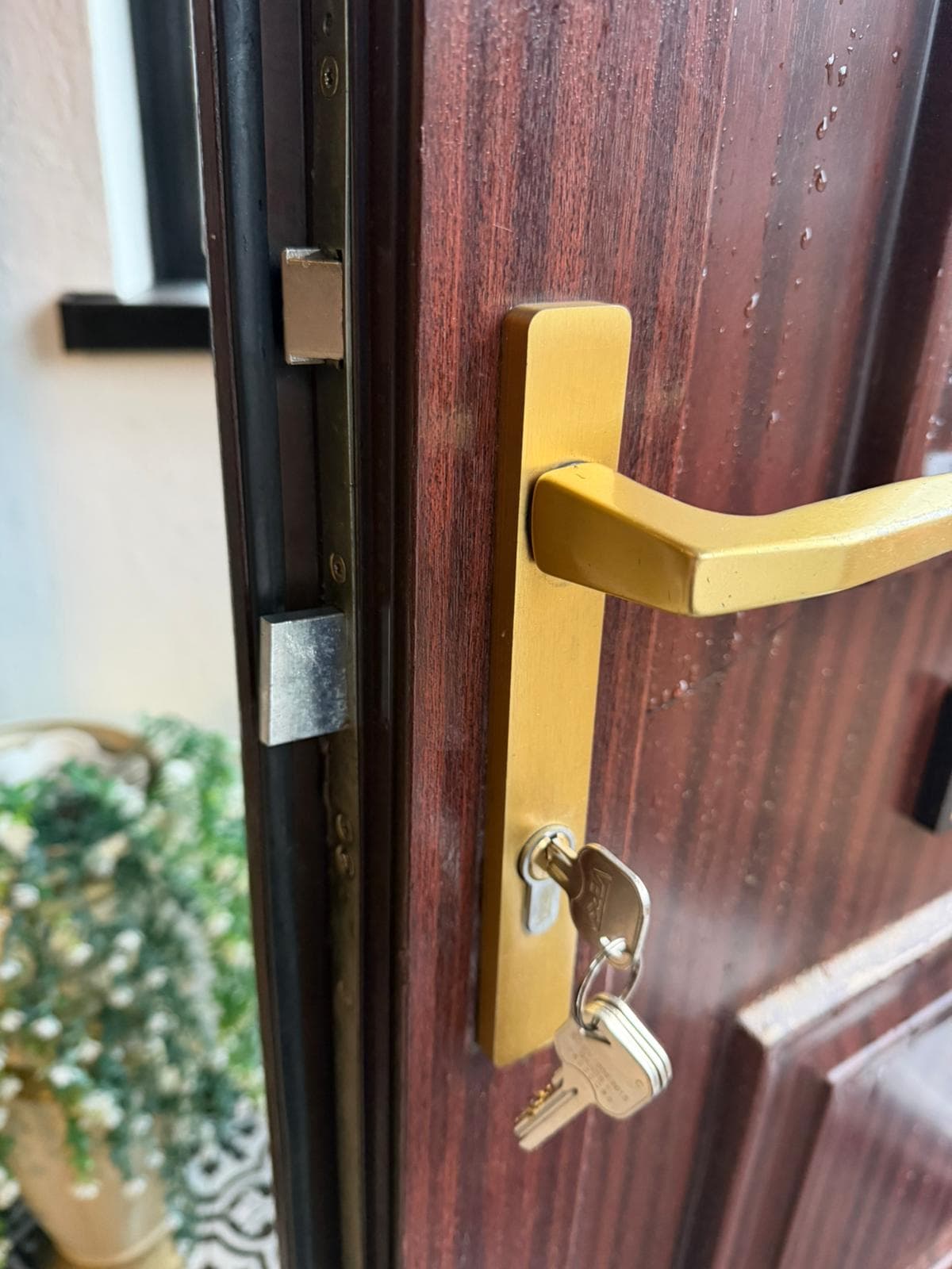 Professional locksmith services in Belfast, door lock with gold handle and keys